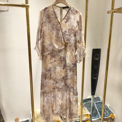 6373新款花版V领飞飞袖女装真丝桑蚕丝长款连衣裙时尚轻奢高定