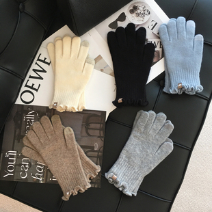 冬季户外骑车纯色木耳边混羊毛手套女针织毛线分指手套保暖可触屏