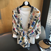 小溜2026新款 漫画猫咪棉麻围巾百搭纱巾旅行防晒遮阳披肩两用 夏季