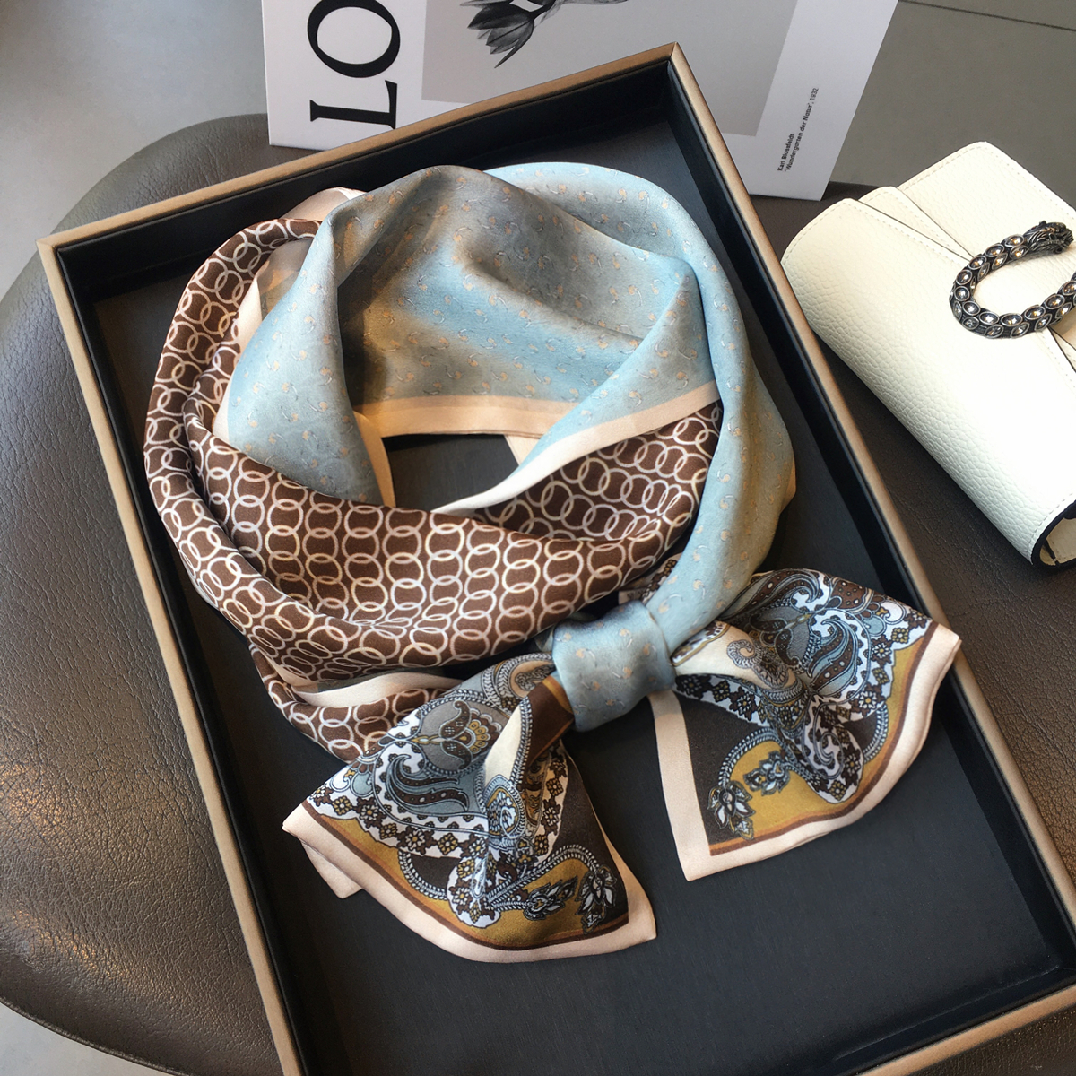 秋季新款真丝围巾女圆圈腰果100%桑蚕丝丝巾双层双面长款真丝飘带