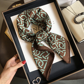 杭州丝绸复古棕绿色系真丝羊毛丝巾丝毛围巾女双面披肩百搭方巾