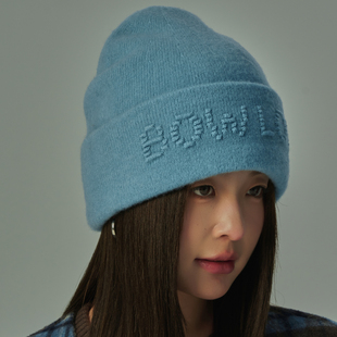 100澳洲%羊毛针织帽秋冬百搭保暖显脸小套头帽纯色刺绣字母毛线帽