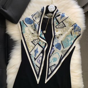 真丝羊毛丝巾女秋季冬福宝集邮菱形三角巾系脖护颈高级感丝毛围巾