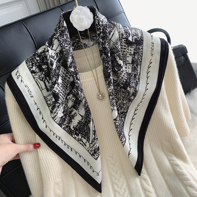 巴黎街景真丝羊毛丝巾百搭方巾轻奢老钱风双面丝毛围巾女秋冬披肩