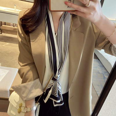 秋季北欧简约条纹丝巾素邹缎细窄