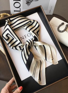 杭州丝绸100%桑蚕丝丝巾韩国条纹波点真丝围巾70方巾春季百搭披肩