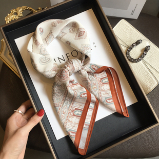 雅致米杏色系双绉真丝围巾100%桑蚕丝丝巾春季百搭腰果花70cm方巾