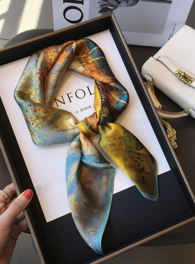 杭州丝绸100%桑蚕丝丝巾韩版彩色油画真丝围巾女70cm方巾领巾披肩