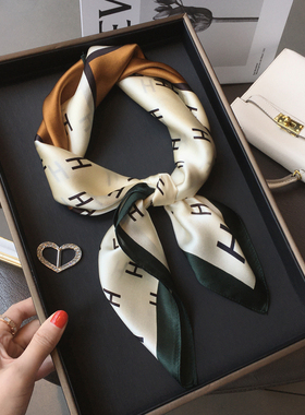 杭州丝绸真丝围巾拼色经典字母100%桑蚕丝丝巾女70cm方巾披肩春秋