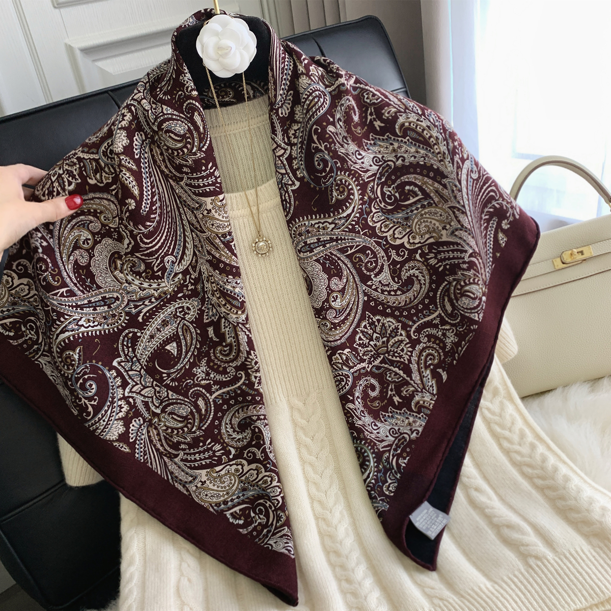 2025秋季新款老钱风腰果花真丝羊毛丝巾大方巾双面双色丝毛围巾女