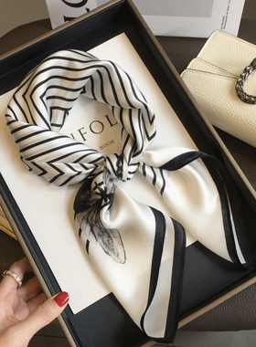 条纹蝴蝶印花巾100%桑蚕丝围巾真丝丝巾女装饰领巾春秋季70cm方巾