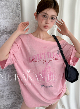 ME KAKAMEE-式复古彩喷烫钻薄款雪花棉轻薄宽松大版短袖T恤S5218