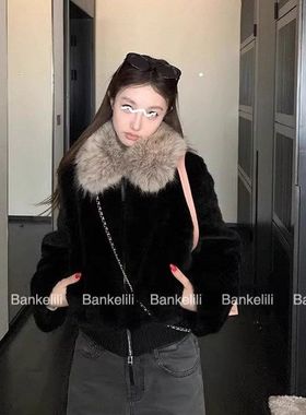 宽松大时尚黑色E2307外套红款毛领 咩'冬网2025暖冬气质咩羊羔毛'