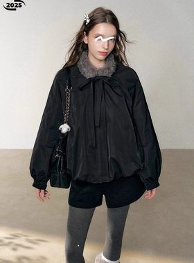 小众黑色2025棉服冬季 毛领E2321显瘦加厚花苞外套网红款蝴蝶结女