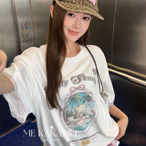 ME KAKAMEE-T拼接蕾丝设计感大版短袖T恤(单T恤不含搭配配件)9325