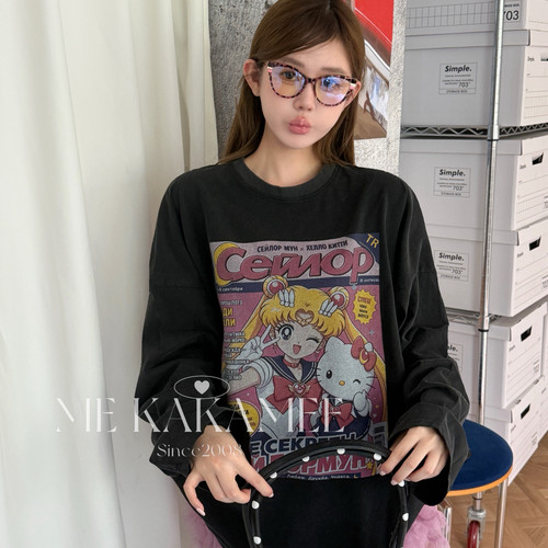 ME KAKAMEE-新品复古美少女KT彩喷水洗炒纱宽松大版长袖T恤S5585