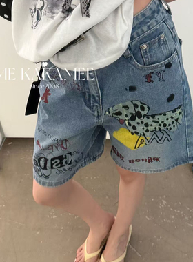 ME KAKAMEE-画斑点狗美式设计五分工装牛仔裤牛仔裤(含棉料)C0868