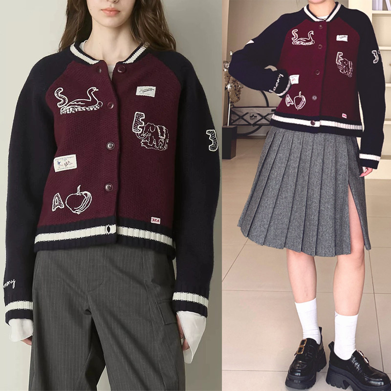 炙手可热的Se 撞色重磅针织外套棒球服开衫100%羊毛刺绣贴布