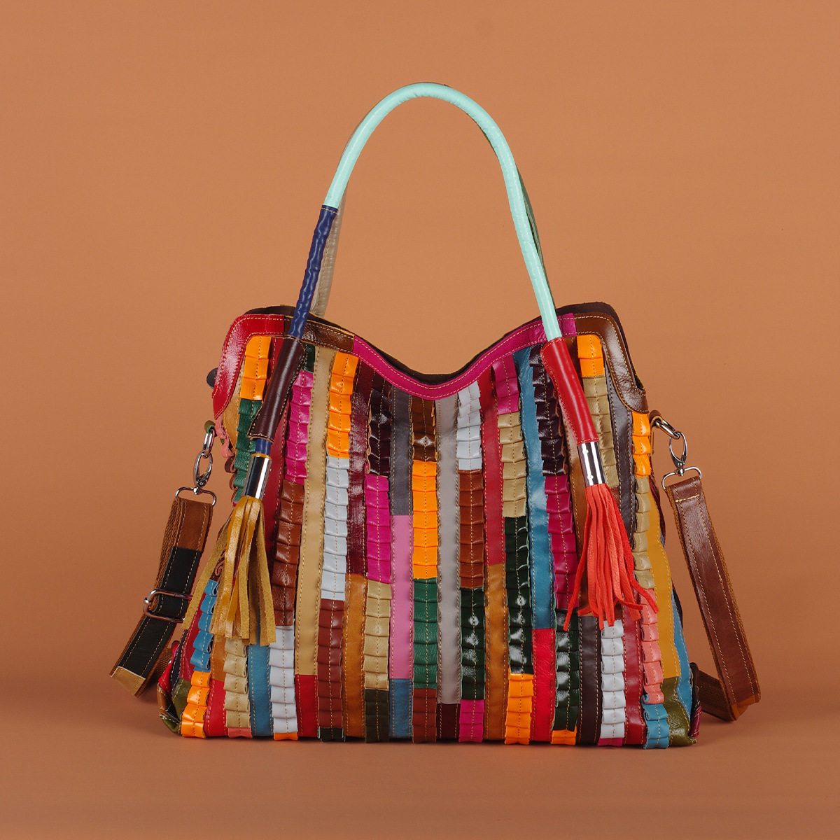 跨境现货彩色条纹拼接随机撞色流苏女士休闲真皮单肩托特包女包