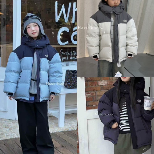 木莎2025冬款儿童韩版连帽拼色羽绒服男女童洋气保暖外套潮11585