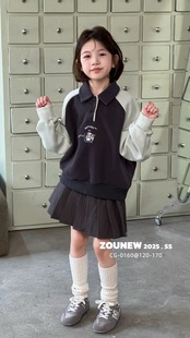 舟由2025秋新款 0160 女童翻领卫衣儿童POLO领长袖 中大童运动套头衫