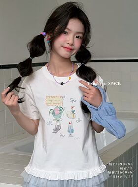 童乐鱼2026夏季新款女童韩版休闲拼接蝴蝶结儿童网纱短袖T恤89058