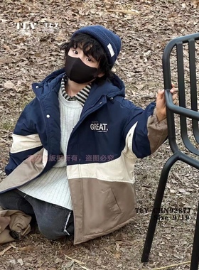 童乐鱼童装2024冬季新款夹棉连帽外套中大童加厚中长款冲风衣9287