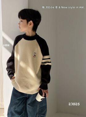 大E小e童装25冬新款男童女童仿水貂绒儿童洋气刺绣加绒毛衣27025