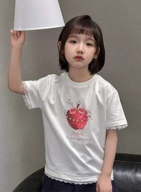 米听2026夏新款女童蕾丝边苹果烫钻甜美可爱短袖T恤洋气上衣0817