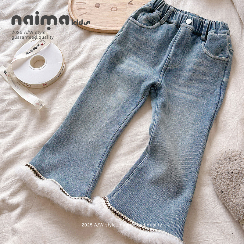 奶妈家女童加绒牛仔裤2025新款洋气冬季儿童装小女孩加厚微喇裤子