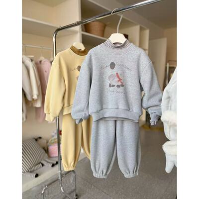 女童秋冬2025新款加绒卫衣套装韩版一体绒女孩圆领套头两件套