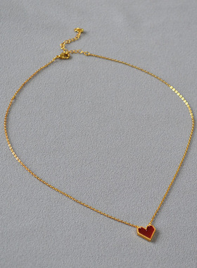 简约复古短款红色爱心项链镀金女