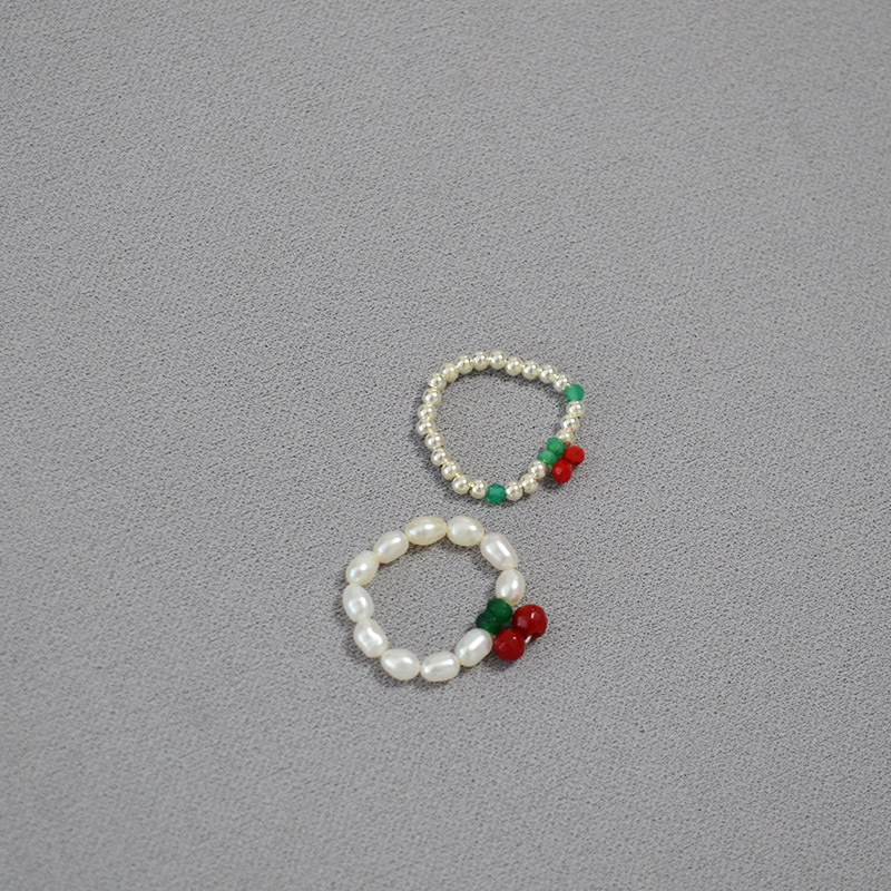 日韩时尚小众简约气质淡水米粒珍珠红色樱桃田园风弹力戒指食指