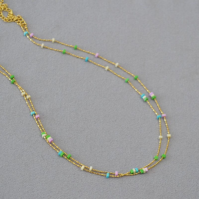 夏季新款彩色清新几何方片石头黄铜镀金闪光细链条甜美项链锁骨女
