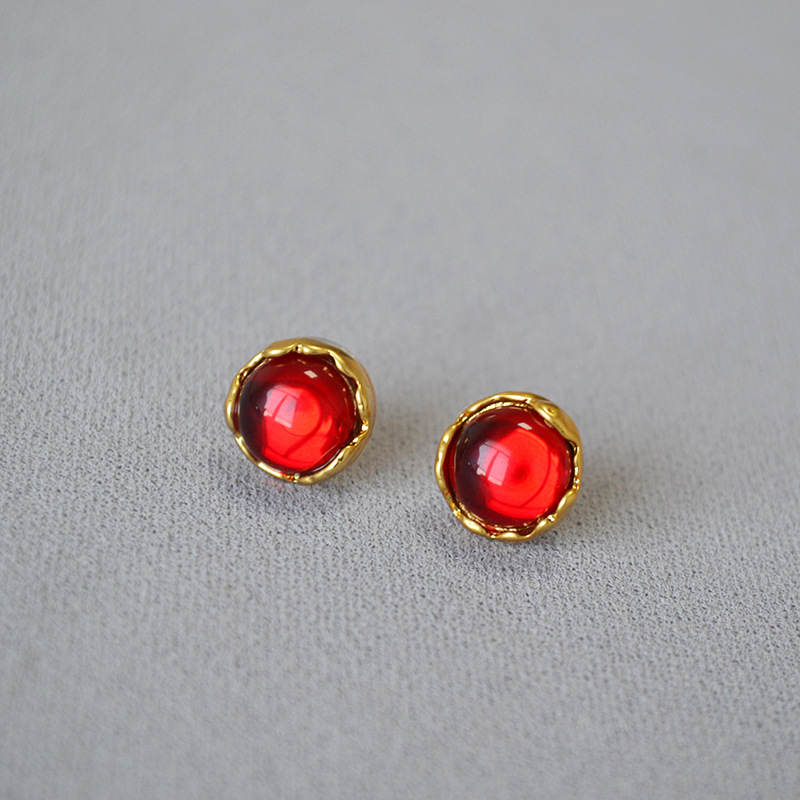 复古不规则红色银针耳钉宝石法式