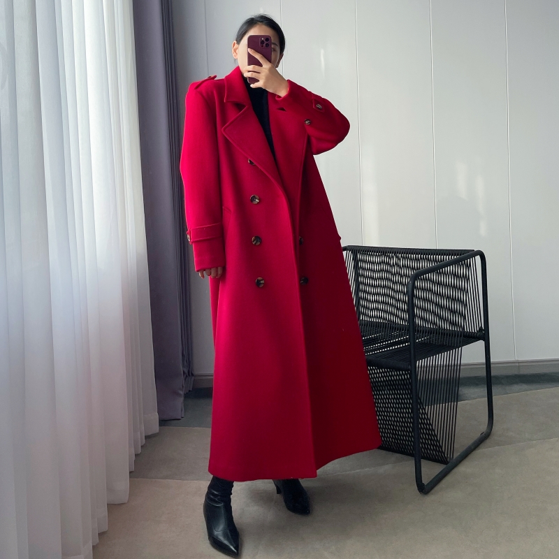 大红色大衣羊毛外套超长脚踝秀款