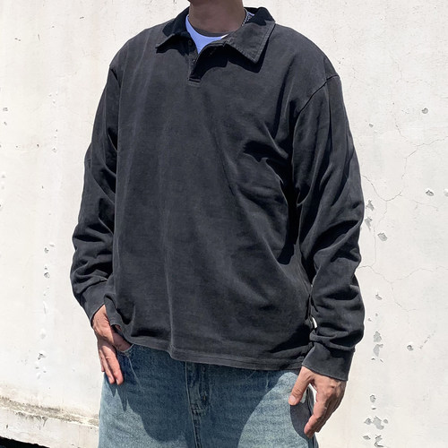 重磅狠货克美式kanye做旧翻领水洗长袖polo厚款纯棉T恤街头净色