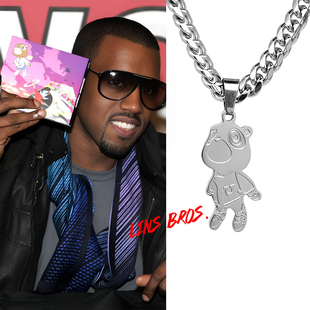高版本精钢KANYE项链GRADUATION熊配古巴链钛钢不掉色吊坠说唱Rap