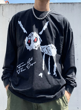 高端Drake for all the dogs短袖小领口t恤水洗做旧纯棉新款长袖