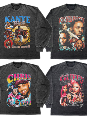 重磅狠货kanye kdot chrisbrown nicki宽松洗水长袖t恤纯棉做旧潮