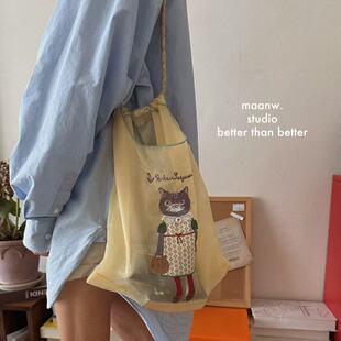 maanw 刺绣猫猫包 日本kusuguru网纱手提包单肩包春夏新款