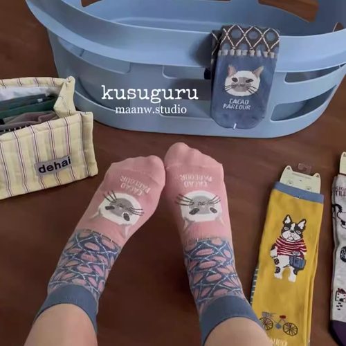 maanw 日本kusuguru提花中筒袜舒适堆堆袜女袜蜜豆公主猫咪柴犬