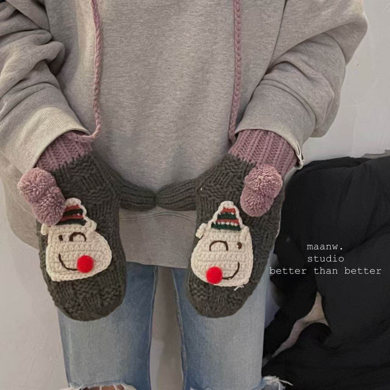 maanw 冬季保暖加厚加绒圣诞鹿小鹿复古连指挂脖毛线手套