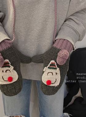 maanw 冬季保暖加厚加绒圣诞鹿小鹿复古连指挂脖毛线手套