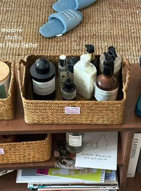 maanw 草编双耳长方形收纳筐桌面书本零食杂物护肤品餐具整理筐