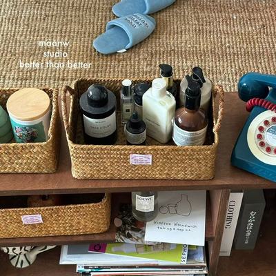 草编双耳长方形桌面收纳筐