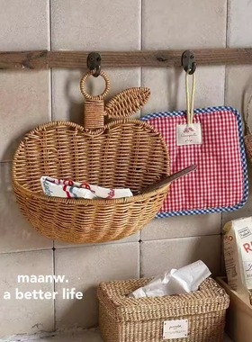 *Fish store*苹果仿藤编织姜蒜收纳篮生姜厨房墙挂手提杂物收纳篮