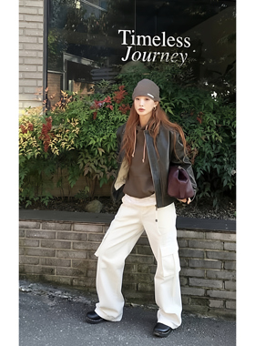 白色阔腿工装牛仔裤 男女伪娘同款 中性风宽松直筒裤 百搭长裤