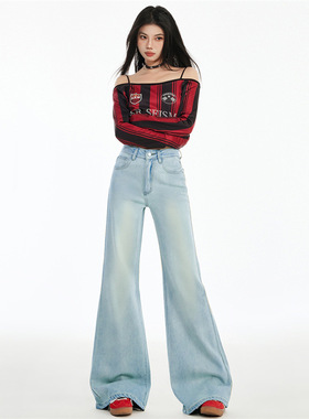 美式辣妹浅蓝色微喇牛仔裤女春季2025年新款高腰显瘦不贴腿马蹄裤