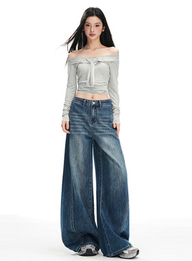 复古蓝高腰侧口袋破骨工艺设计感阔腿牛仔裤女秋上新宽松显瘦2025